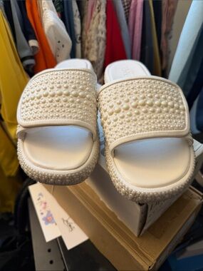 INC International Concepts Pearl-Embellished Cream Slide Sandals